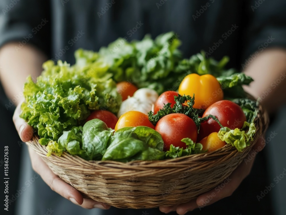 Fototapeta premium A person holds a basket filled with fresh, vibrant vegetables like tomatoes, peppers, and leafy greens, exuding a sense of health and abundance.