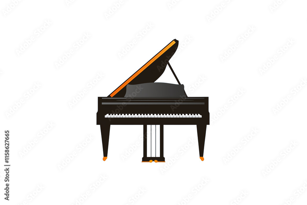 A sleek grand piano with an elevated lid, showcasing its elegant design and white keys. A sleek grand piano with an elevated lid, showcasing its elegant design and white keys.