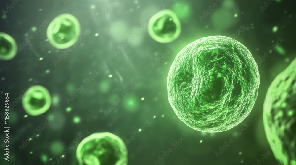 Green glowing cells under microscope reveal the intricate beauty of microscopic life, symbolizing the delicate balance and complexity of biological processes in nature. Green glowing cells under microscope reveal the intricate beauty of microscopic life, symbolizing the delicate balance and complexity of biological processes in nature.
