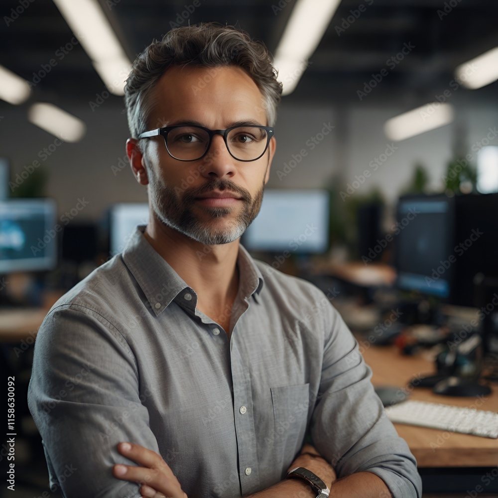 Fototapeta premium A professional looking at the camera, with a blurred background of a creative workspace