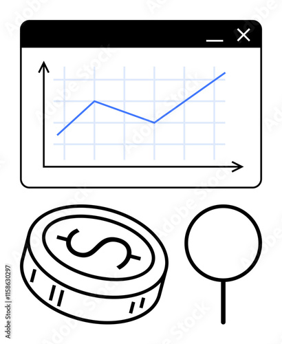 Chart on screen with upward trend line, coin with dollar sign, magnifying glass. Ideal for business growth, financial analysis, investment strategies, market trends, economic reports, profitability
