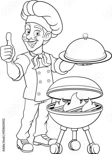 A chef cartoon barbecue cook out brazier BBQ man giving thumbs up and holding a platter plate with cloche mascot character illustration