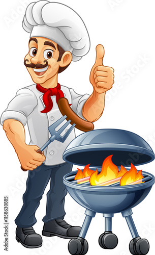 A chef cartoon barbecue cook out brazier cook man. Giving a thumbs up and holding a hotdog or grilled sausage on a BBQ fork mascot character illustration.