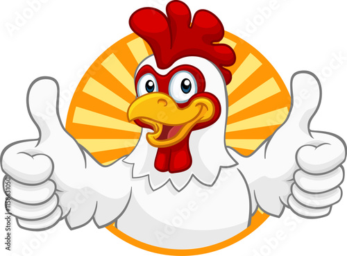 A chicken cartoon rooster cockerel character mascot giving a thumbs up.