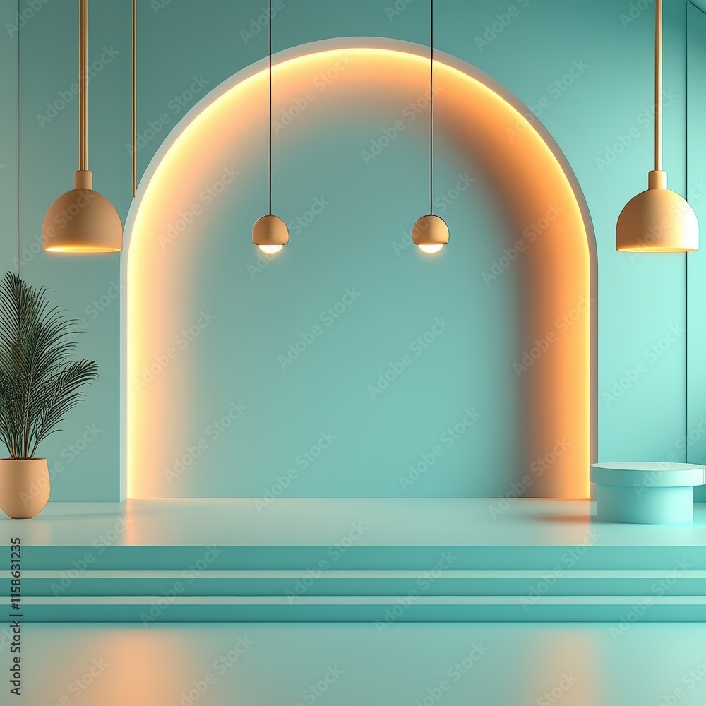 Teal Room Minimalist Product Display Background Steps Lights Teal Room Minimalist Product Display Background Steps Lights