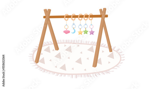 Baby play mat vector illustration in cartoon style. Play mat for newborn, infant baby with hanging toys and mat with wooden frame. Baby product, baby element clipart in flat design isolated.