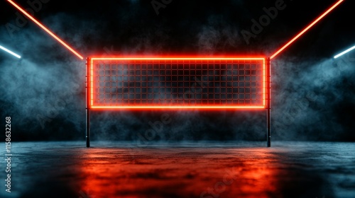 Neon Volleyball Net Glowing Red Lights Smoke Dark Studio