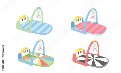 Baby play mat vector illustration in cartoon style. Play mat for newborn, infant baby with musical case, hanging toys and colorful mat. Baby product, baby element clipart in flat design isolated.