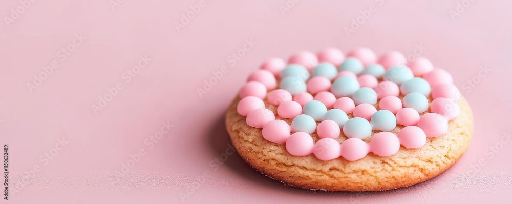 Obraz premium Pastel cookies idea. Delicious cookie topped with pastel colored chocolate balls on a pink background.