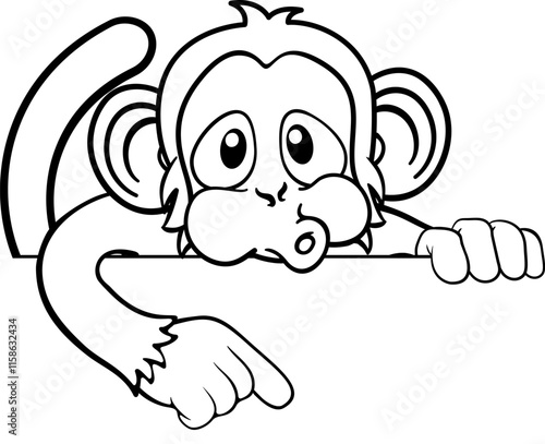 A monkey cartoon character animal peeking over a sign and pointing at it