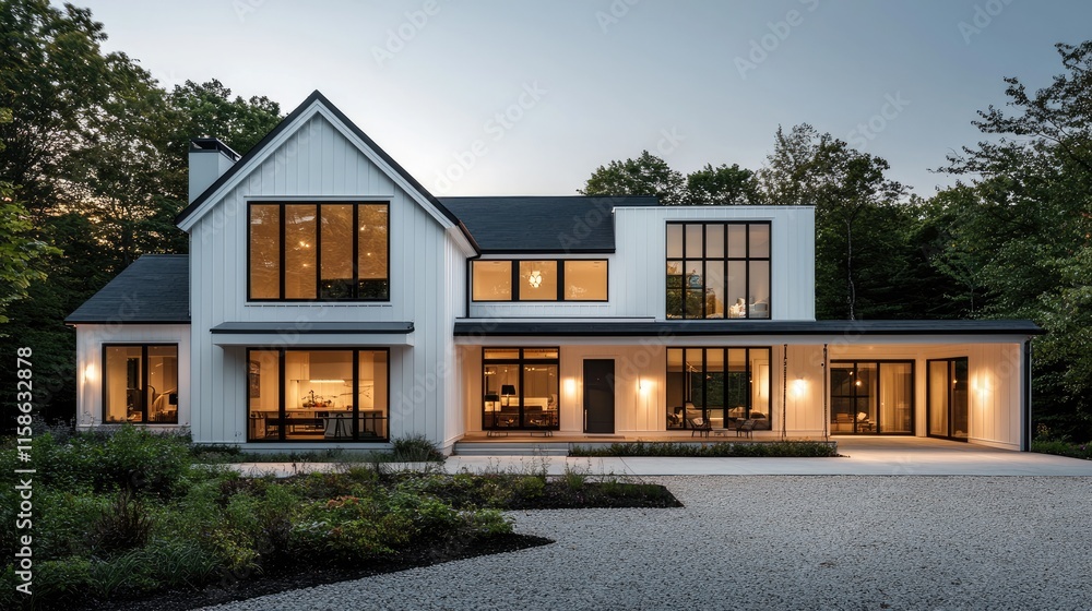 Modern Luxury Home with Large Windows and Elegant Design Surrounded by Lush Greenery in a Serene Residential Neighborhood at Dusk Modern Luxury Home with Large Windows and Elegant Design Surrounded by Lush Greenery in a Serene Residential Neighborhood at Dusk