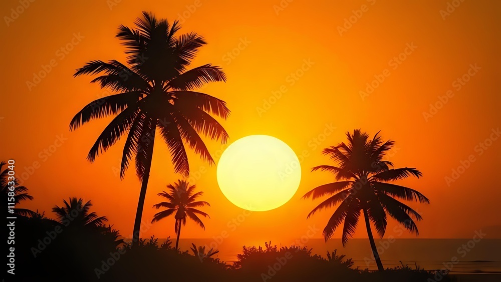 Serene Sunset Over Tropical Palm Trees With Vibrant Orange Sky Background. Open composition Serene Sunset Over Tropical Palm Trees With Vibrant Orange Sky Background. Open composition
