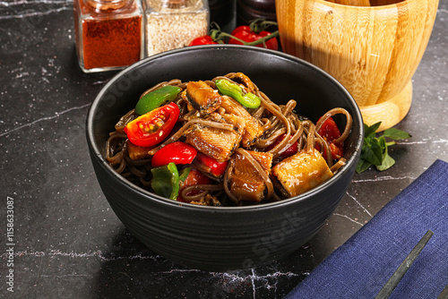 Buckwheat Soba with eel and vegetavles photo