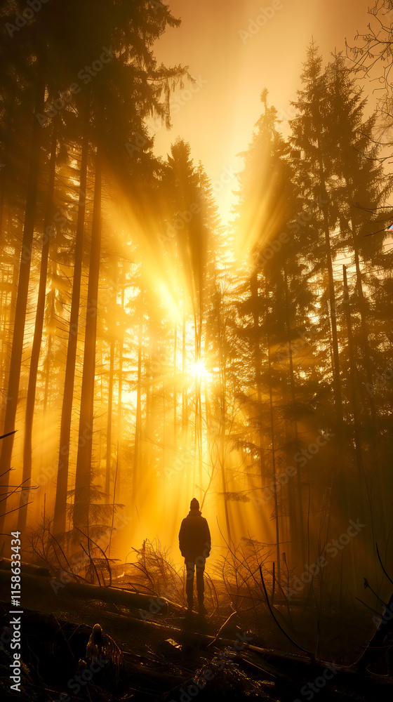 silhouette of a person standing in the middle of tall trees at sunrise silhouette of a person standing in the middle of tall trees at sunrise