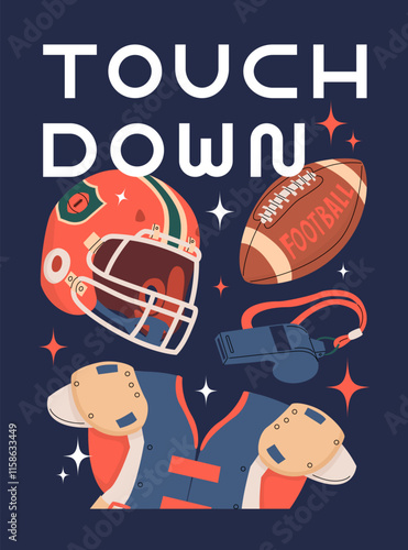 Poster on american football theme. Banner invitation to football match. Team game. Pattern with ball, referee whistle and helmet. Vector illustration in flat cartoon style.