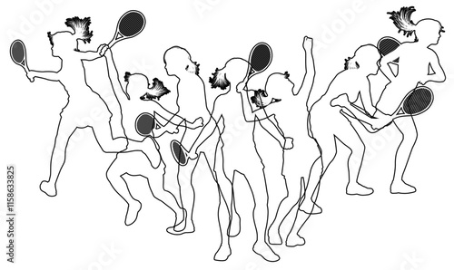 Silhouette Tennis players set. Active sports people healthy players fitness silhouettes concept.