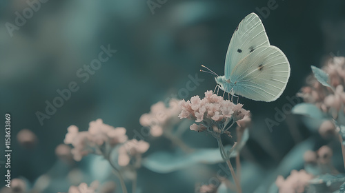 A delicate white butterfly rests on vibrant flowers, creating harmony with nature. Its wings glow softly against the backdrop of a blooming meadow, imparting a sense of gentleness and beauty to the sc