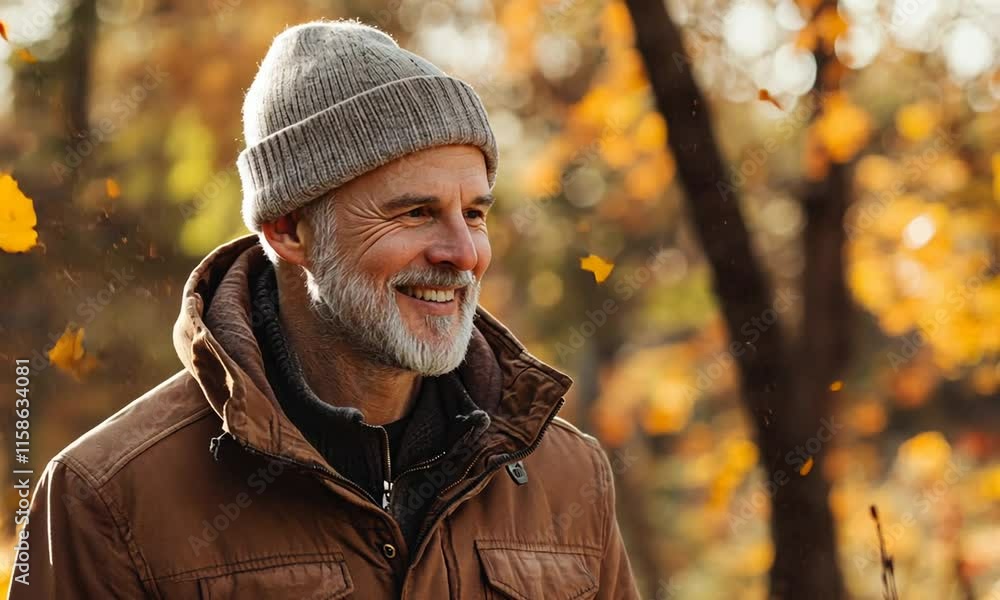 Smiling man in a cozy outfit amidst autumn foliage. Smiling man in a cozy outfit amidst autumn foliage.