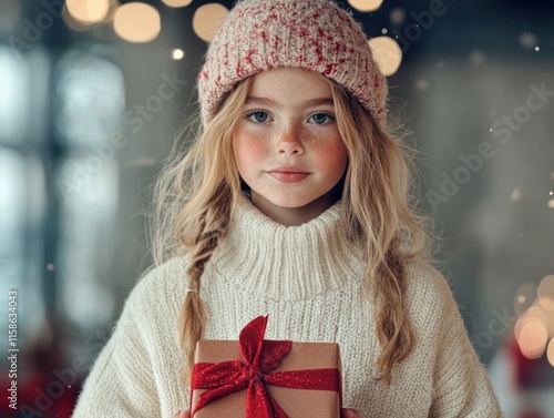 A small, cute child with rosy cheeks holds a gift box adorned with a red ribbon. The scene has a warm, festive ambiance, enhanced by soft lighting and bokeh lights. photo