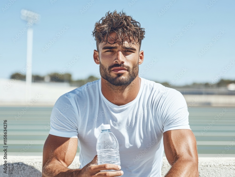 A male athlete with a muscular build and a white shirt holds a water bottle while sitting by a track under a clear blue sky. A male athlete with a muscular build and a white shirt holds a water bottle while sitting by a track under a clear blue sky.