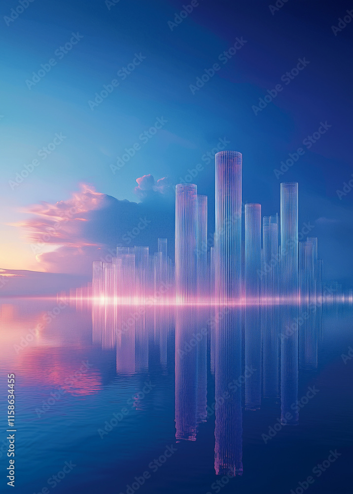 Fototapeta premium Futuristic Urban Elegance Serene Blue Horizons with Skyscraper Reflections for Modern Property Launch Aesthetic City Landscape Banner Abstract Lines Background