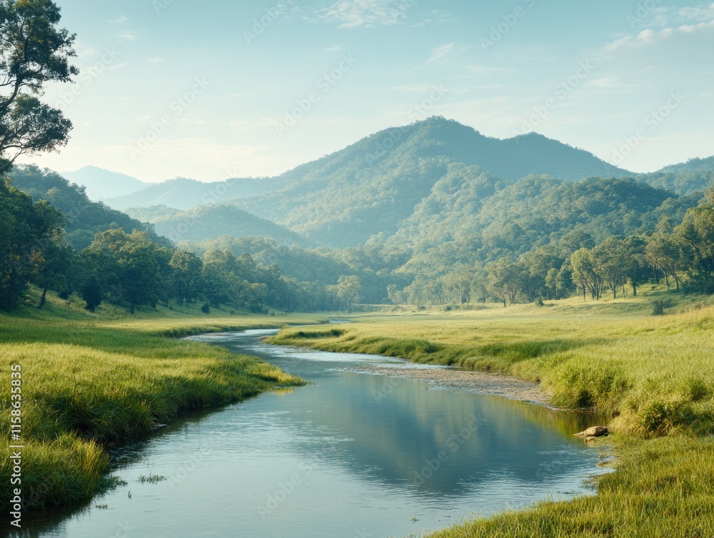 Obraz premium A serene forest creek flows under warm sunlight, surrounded by lush greenery and distant mountains under a clear sky.
