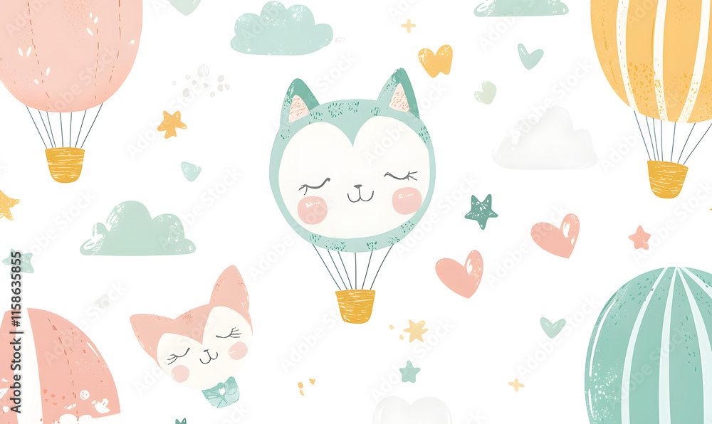 A cartoon drawing of a cat and a few other animals flying in the sky A cartoon drawing of a cat and a few other animals flying in the sky