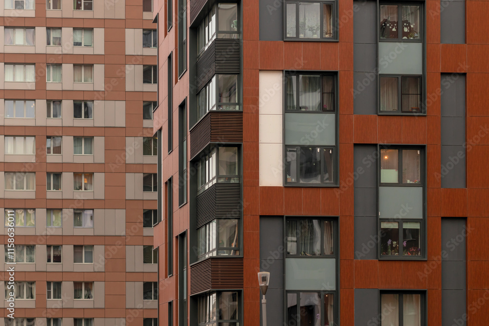 Bright facade of a modern apartment building in Moscow, Russia for contemporary urban architecture Bright facade of a modern apartment building in Moscow, Russia for contemporary urban architecture