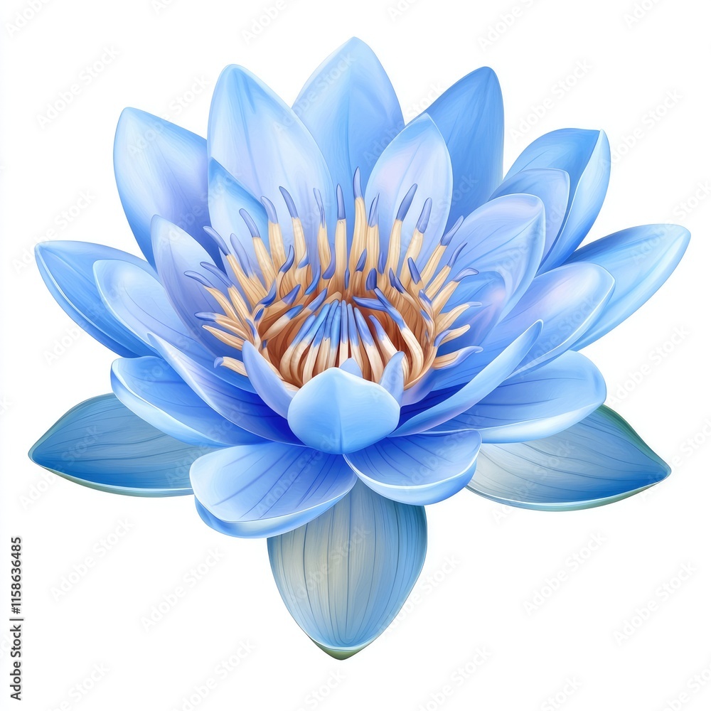 Fototapeta premium Stunning Blue Lotus Flower Illustration with Detailed Petals and Soft Gradient Colors on White Background