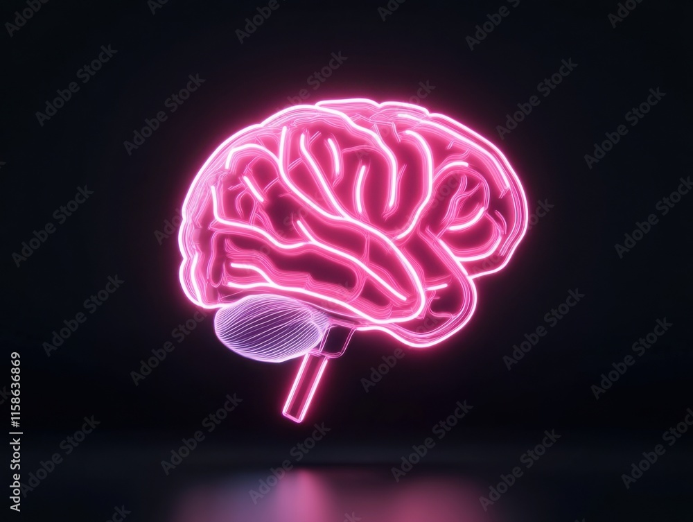 A neon-lit, high-tech representation of a human brain floats against a dark background, highlighting futuristic and digital themes. A neon-lit, high-tech representation of a human brain floats against a dark background, highlighting futuristic and digital themes.