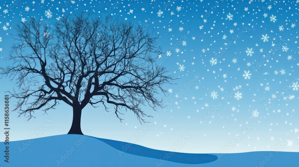 Silhouette of a leafless tree on a snow-covered hill under a falling snow. Silhouette of a leafless tree on a snow-covered hill under a falling snow.