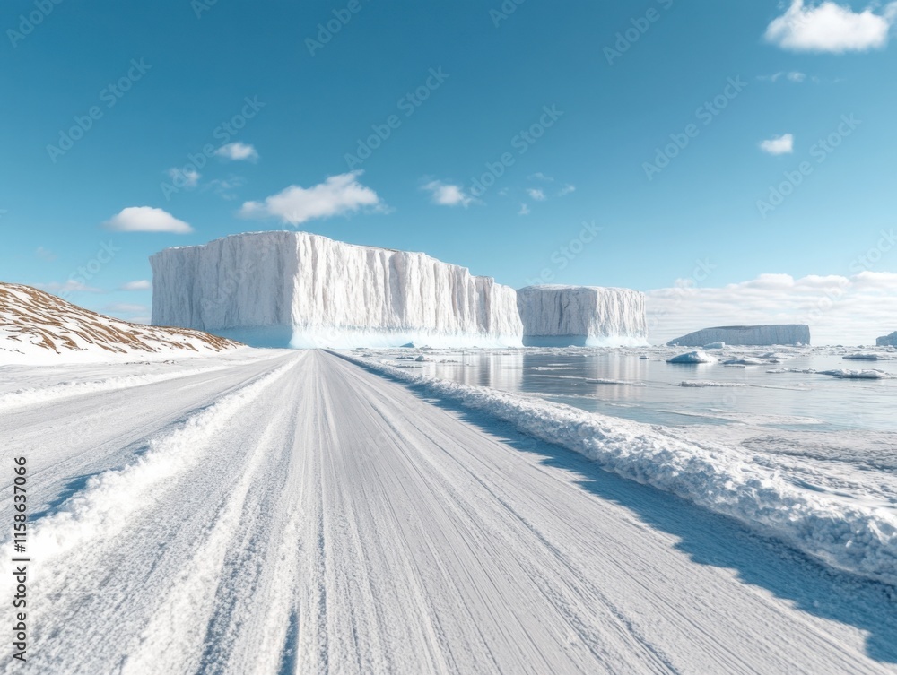 Obraz premium A stunning landscape of icebergs and snow-covered rocks against a serene sea under a bright blue sky, highlighting the pristine beauty of a polar region.