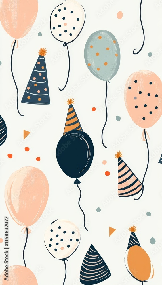 Festive Celebration Seamless Pattern Balloons, Party Hats, and Confetti on a Mint Background Festive Celebration Seamless Pattern Balloons, Party Hats, and Confetti on a Mint Background