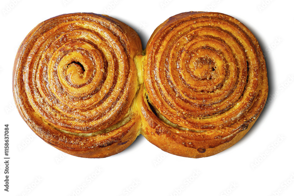 Fototapeta premium Two cinnamon buns covered with sugar on a white background