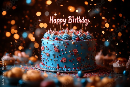 Festive blue birthday cake with sparklers and sprinkles.