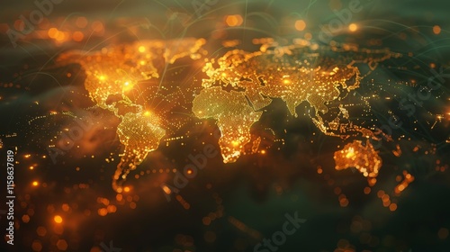 Global map illuminated by golden lights representing cities and regions at night