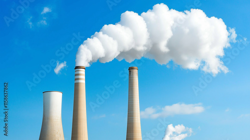 Industrial Smoke Plumes: A stark reminder of our environmental impact, three towering smokestacks release billowing plumes of smoke against a vibrant blue sky. photo