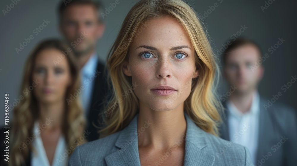 Group of confident professionals in business attire posing for a corporate portrait in an office setting Group of confident professionals in business attire posing for a corporate portrait in an office setting