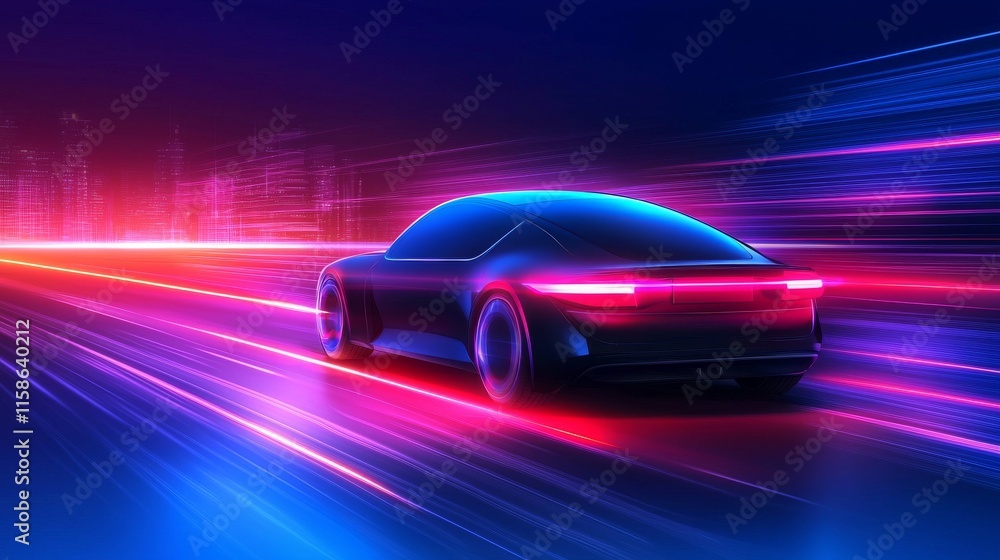 Futuristic self-driving car navigating neon-lit smart city urban environment digital artwork Futuristic self-driving car navigating neon-lit smart city urban environment digital artwork