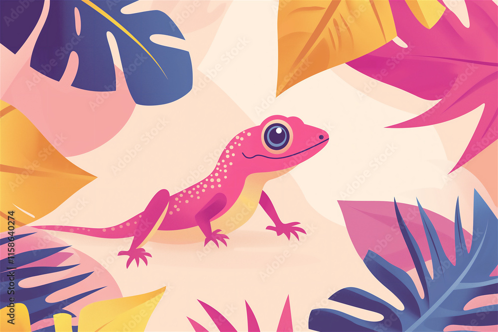 Obraz premium Playful pink gecko surrounded by tropical leaves on a colorful background, embodying exotic summer vibes and whimsy. Perfect for creative and vibrant themes.