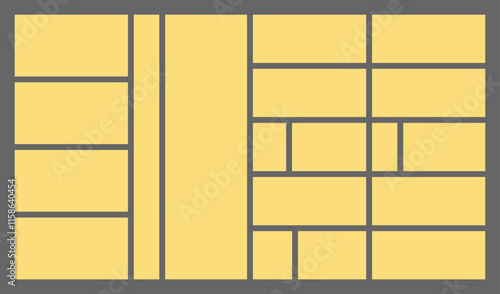 Dimensions 16x9 trendy bento grid layout style brick Ui UX templates. Web comic grids with right angles. Different panel layouts with y2k and brutal shapes tiles of different sizes Vector illustration photo