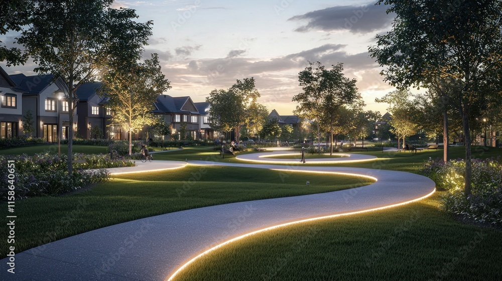 Obraz premium Illuminated pathway winds through a residential park at dusk.