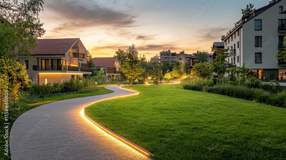Winding path illuminated at sunset in a residential area. Winding path illuminated at sunset in a residential area.