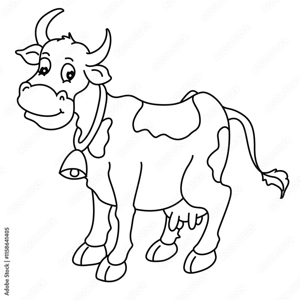Naklejka premium Cute cartoon hand drawn vector funny cow coloring page.