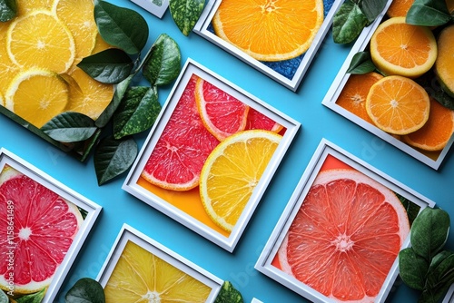 Creative graphic layouts featuring vibrant fruit slices on a blue backdrop photo