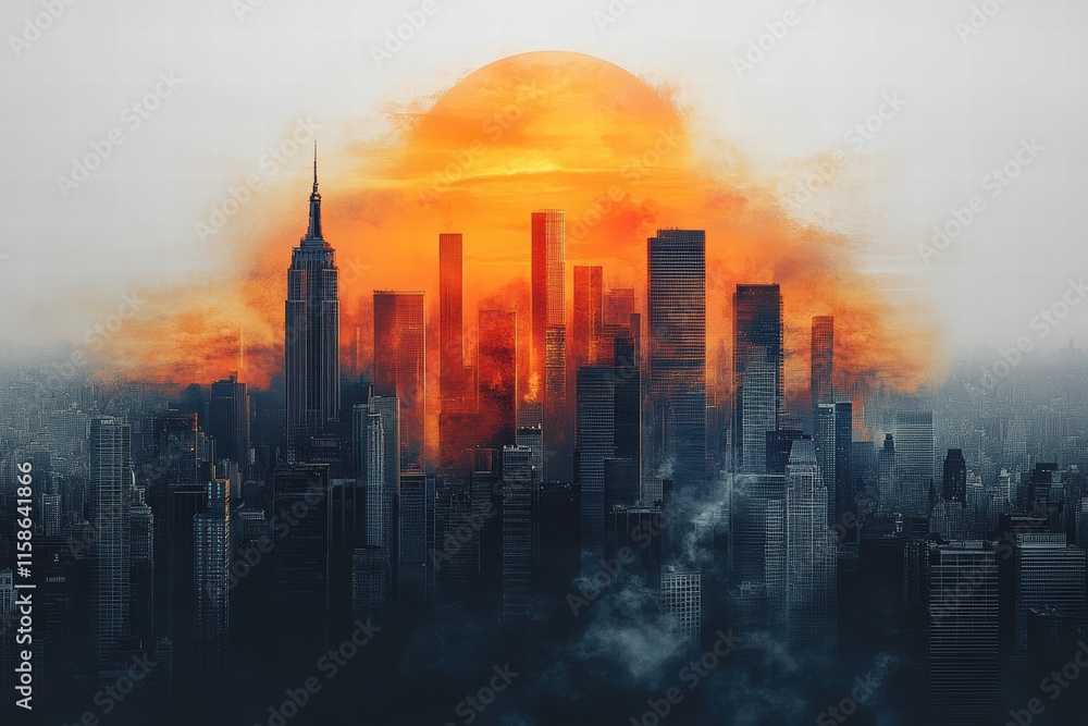 Fototapeta premium Stunning sunset over a modern city skyline with vibrant colors and silhouettes