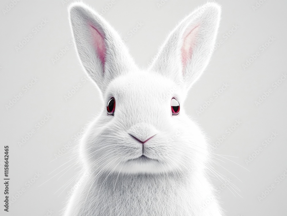 Obraz premium A white rabbit with pink ears is isolated on a transparent background. The rabbit has a soft, fluffy appearance and a calm expression.