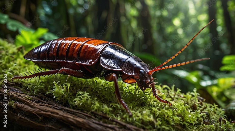 Madagascar hissing cockroach exploring a lush forest floor, surrounded by vibrant greenery and dappled sunlight filtering through leaves Madagascar hissing cockroach exploring a lush forest floor, surrounded by vibrant greenery and dappled sunlight filtering through leaves