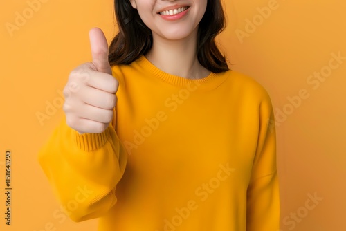 Woman Shows Thumbs Up Gesture, Positive Feedback, Approval Sign, Happy Expression, Excellent Service,  Great Job, Golden Hour Mood,  Optimistic Attitude,  Successful Achievement