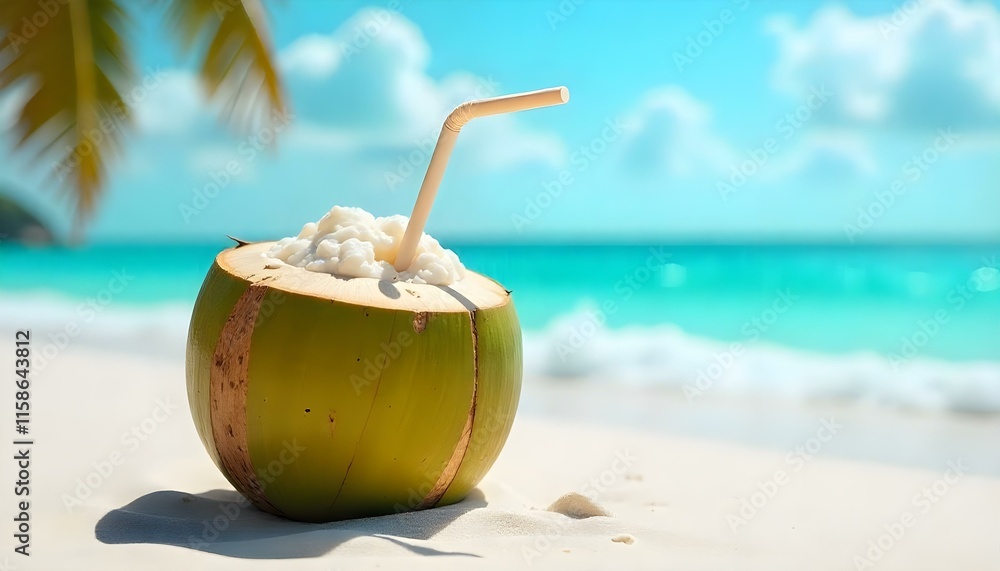 Fresh coconut with a straw, chilled and ready to drink, placed on soft white sand with a backdrop of turquoise ocean waves and a clear blue sky. Stock photography 32K, UHD, Ultra HD quality, high qual Fresh coconut with a straw, chilled and ready to drink, placed on soft white sand with a backdrop of turquoise ocean waves and a clear blue sky. Stock photography 32K, UHD, Ultra HD quality, high qual